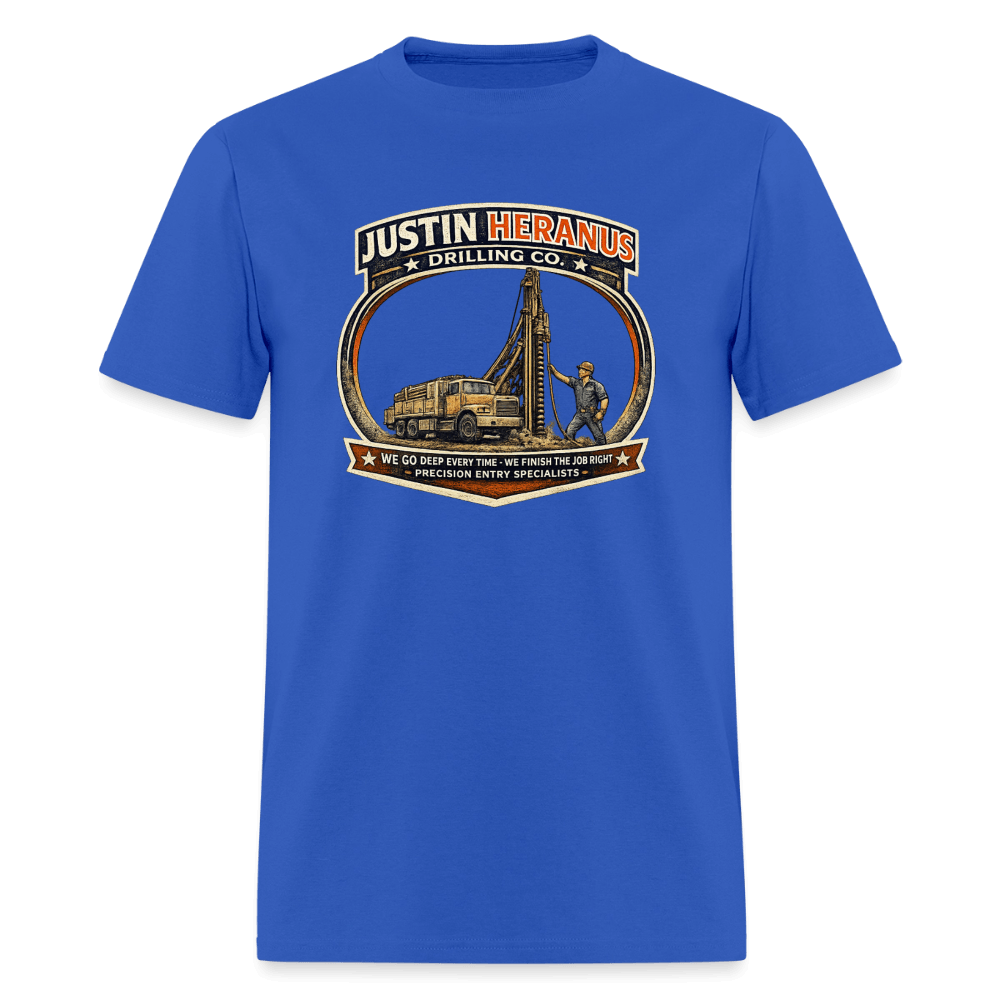 Justin Heranus Drilling Company Funny T-Shirt Color: Royal Blue