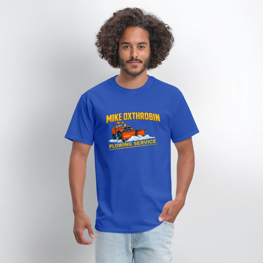 Mike Oxthrobin Plowing Service Funny Fake Business T-Shirt - royal blue