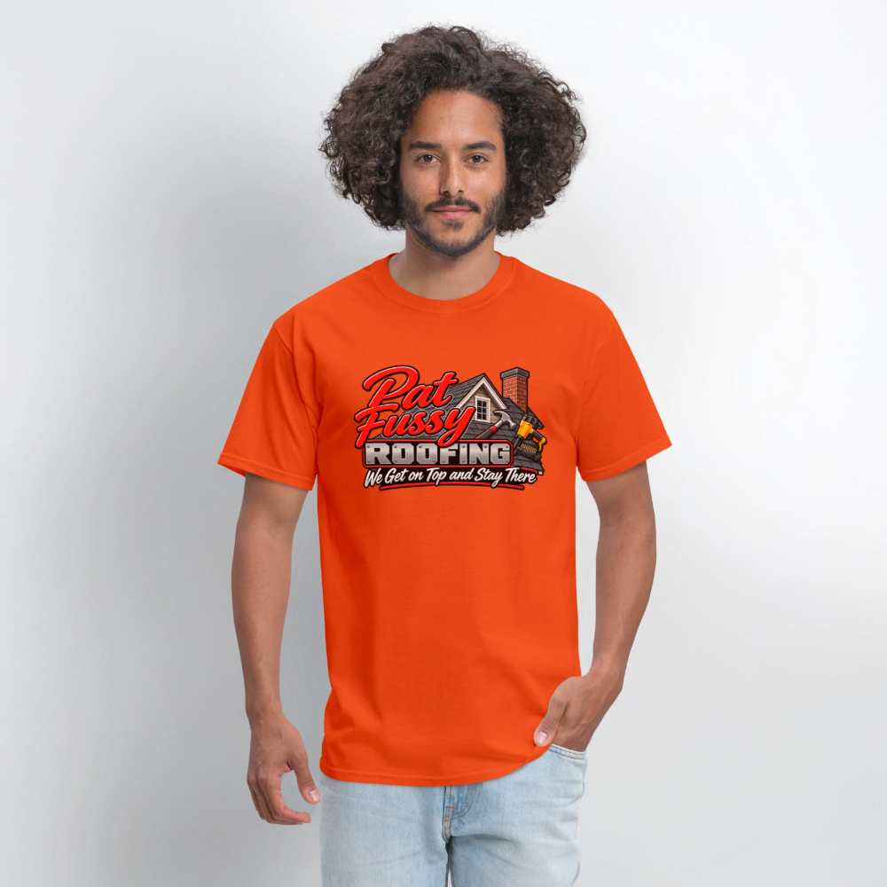 Pat Fussy Roofing Funny Adult T-Shirt Color: Black