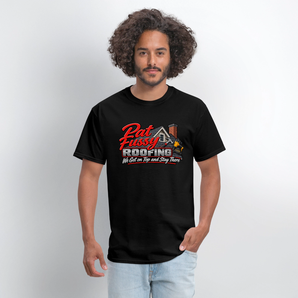 Pat Fussy Roofing Funny Adult T-Shirt Color: Black