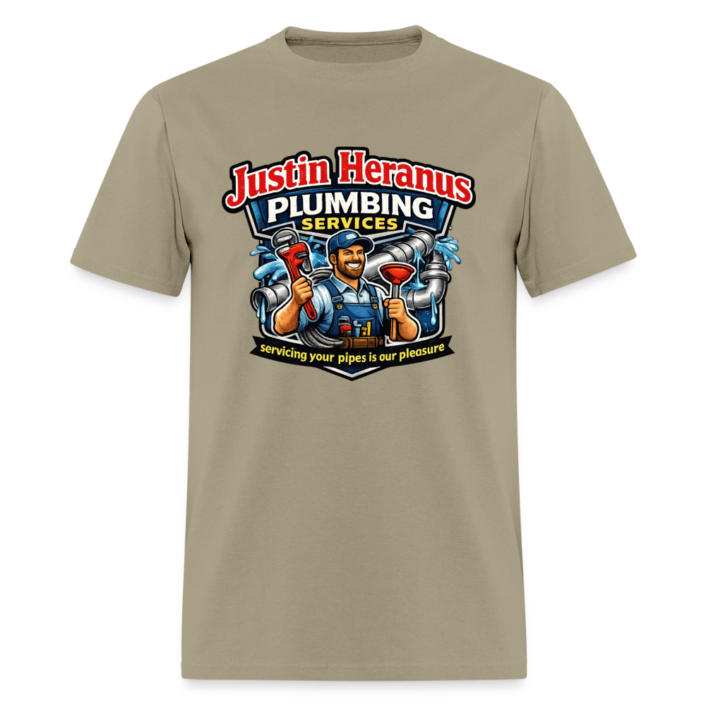 Justin Heranus Plumbing Funny T-Shirt - khaki