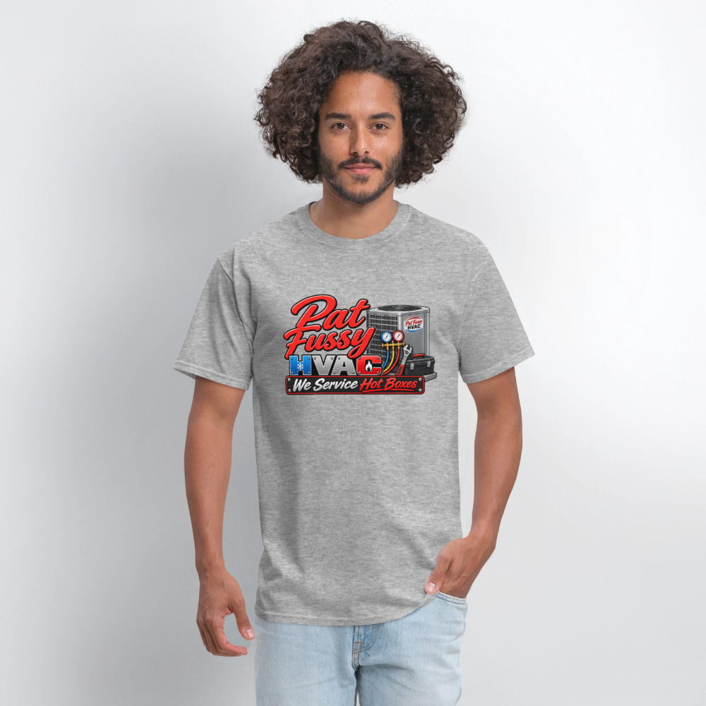 Pat Fussy HVAC We Service Hot Boxes Funny T-Shirt Color: Heather Gray