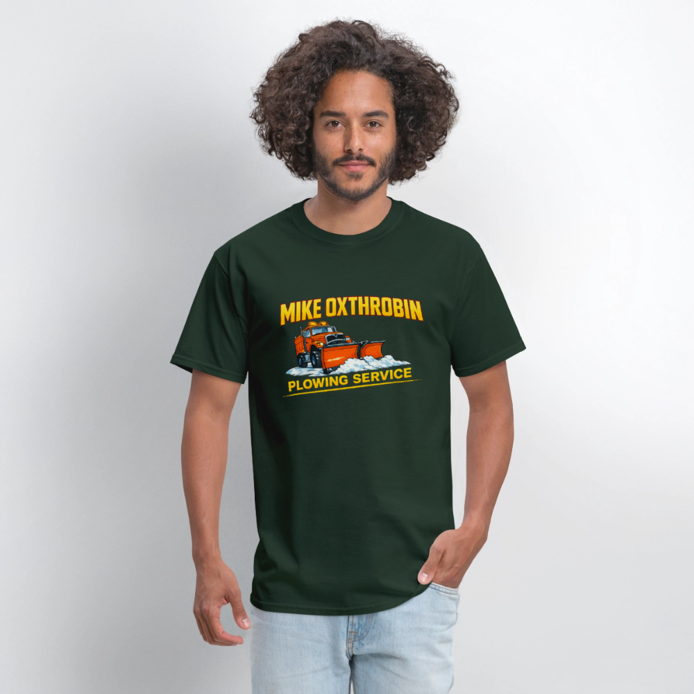 Mike Oxthrobin Plowing Service Funny Fake Business T-Shirt - forest green