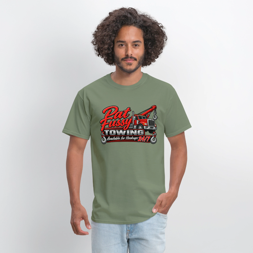Pat Fussy Towing Funny Adult T-Shirt Color: Military Green