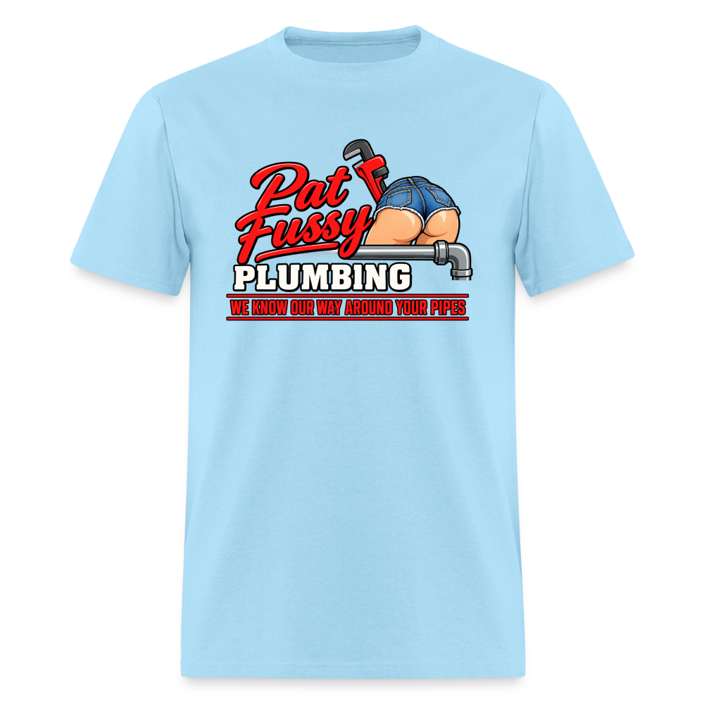 Pat Fussy Plumbing Funny Adult T-Shirt Color: Powder BLue