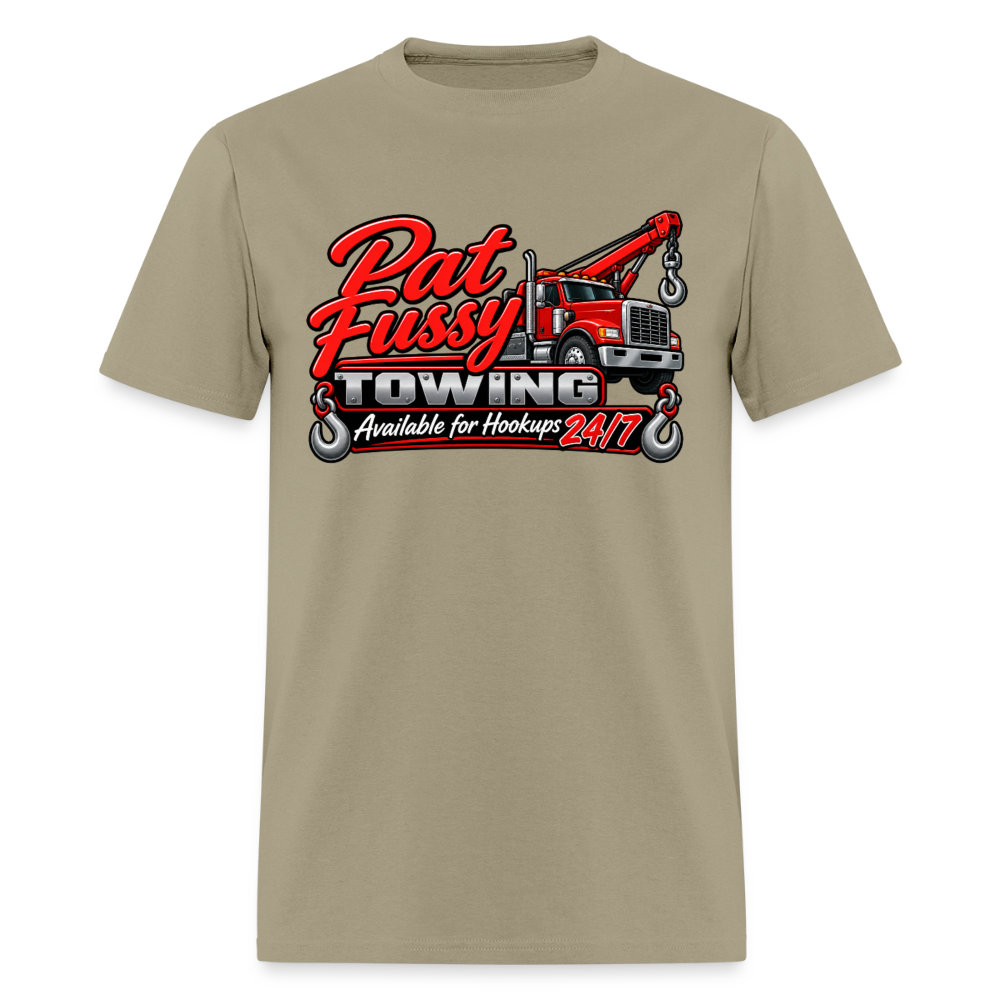 Pat Fussy Towing Funny Adult T-Shirt Color: Khaki