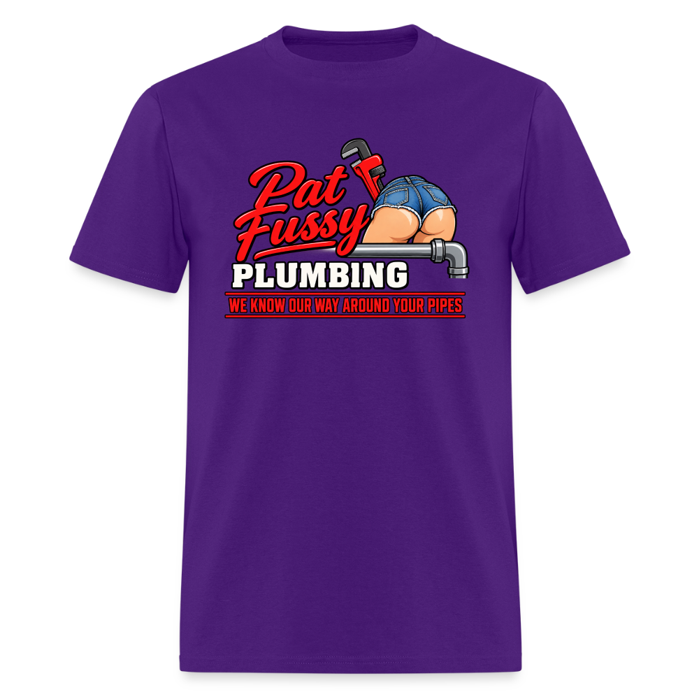 Pat Fussy Plumbing Funny Adult T-Shirt Color: Purple