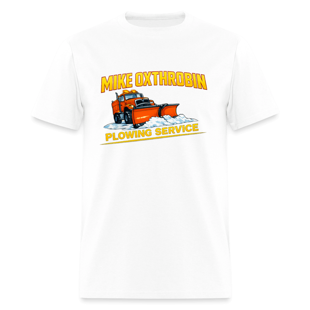 Mike Oxthrobin Plowing Service Funny Fake Business T-Shirt Color: White