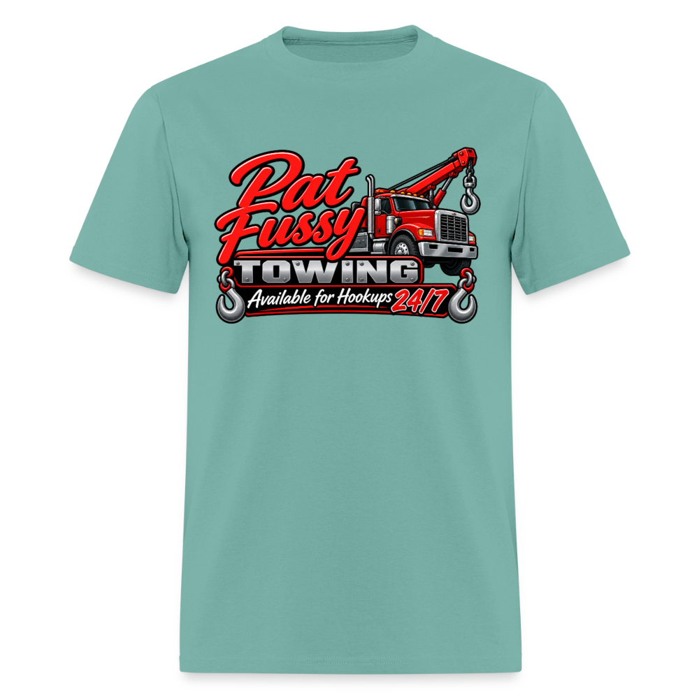Pat Fussy Towing Funny Adult T-Shirt Color: Military Green
