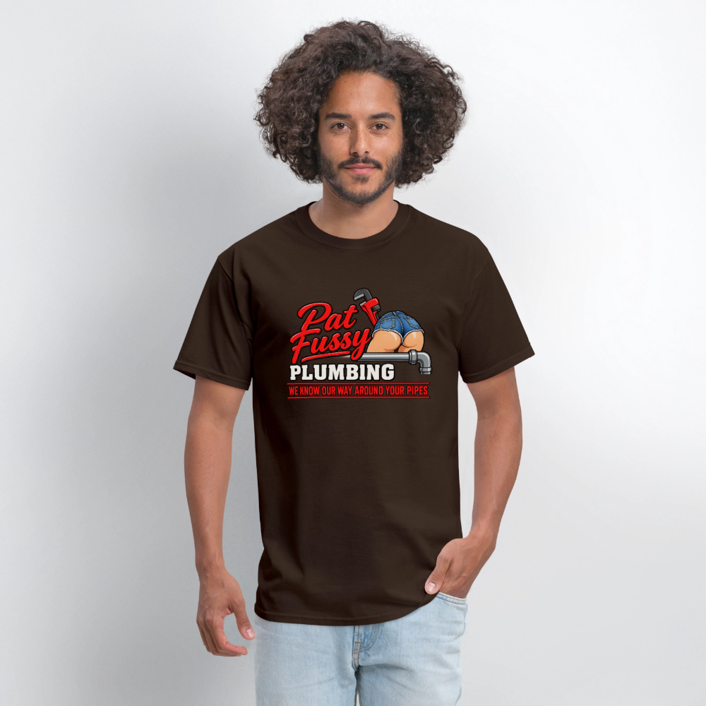 Pat Fussy Plumbing Funny Adult T-Shirt Color: Navy