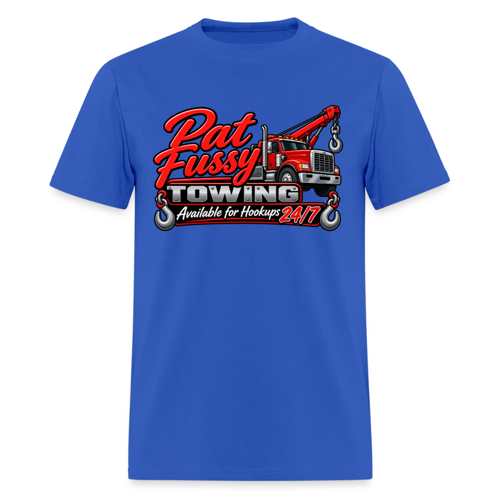 Pat Fussy Towing Funny Adult T-Shirt Color: Royal Blue