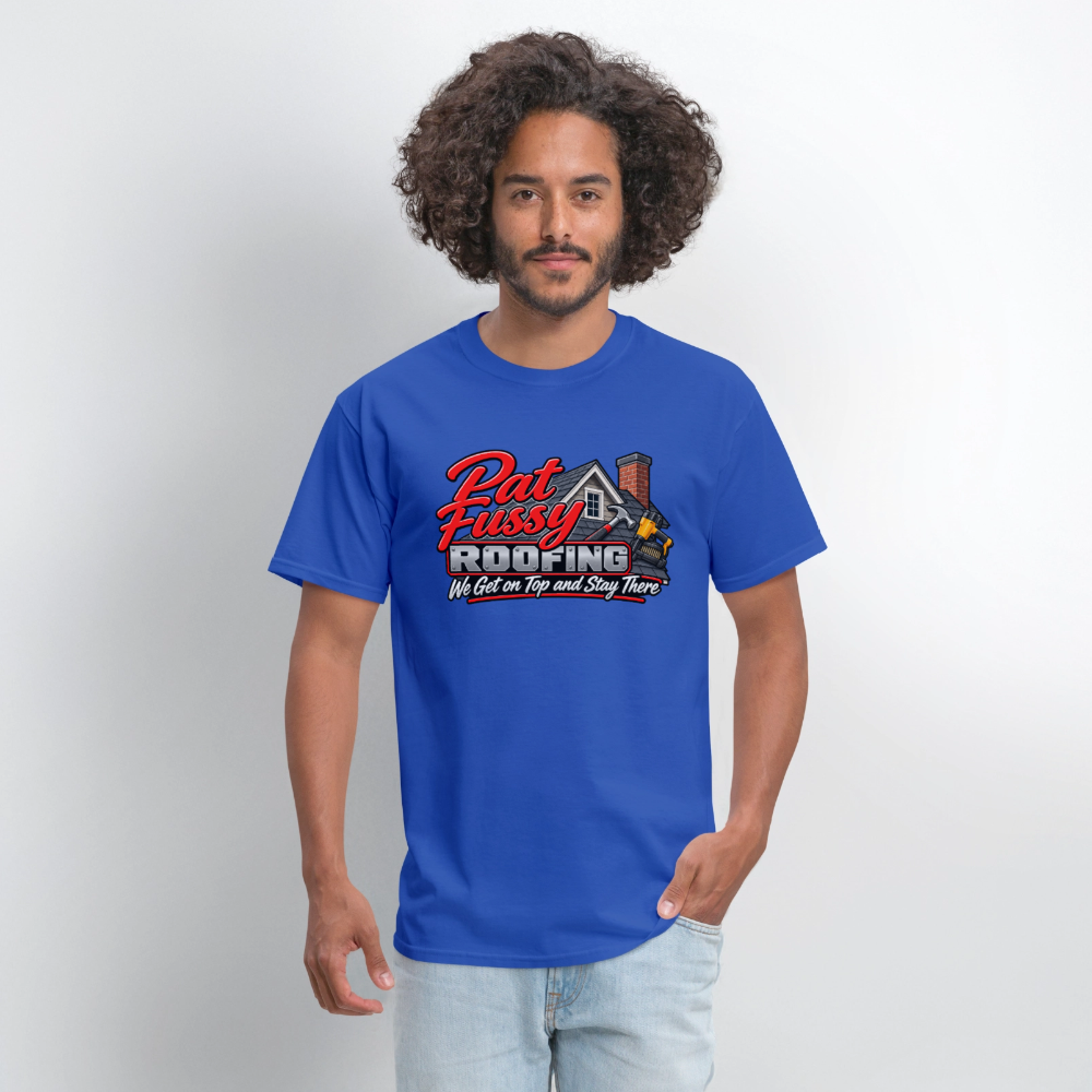 Pat Fussy Roofing Funny Adult T-Shirt Color: Black