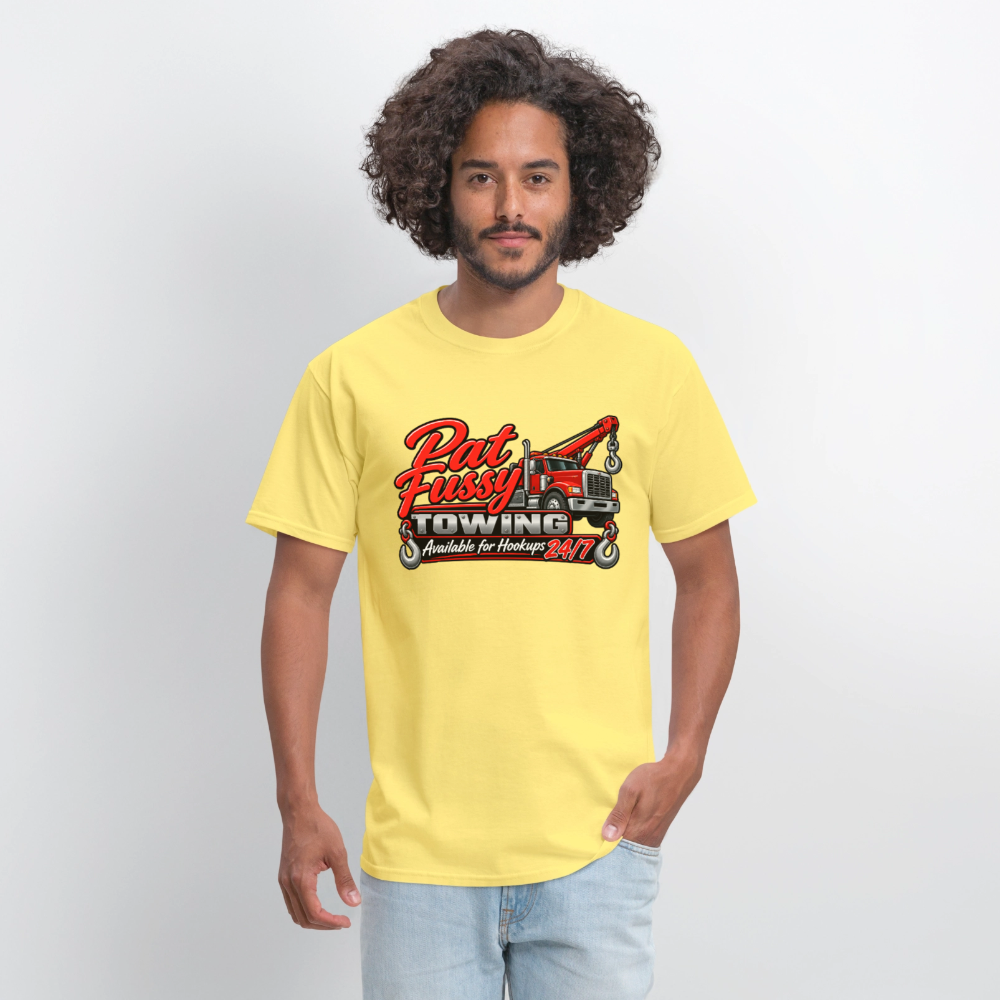 Pat Fussy Towing Funny Adult T-Shirt Color: Military Green