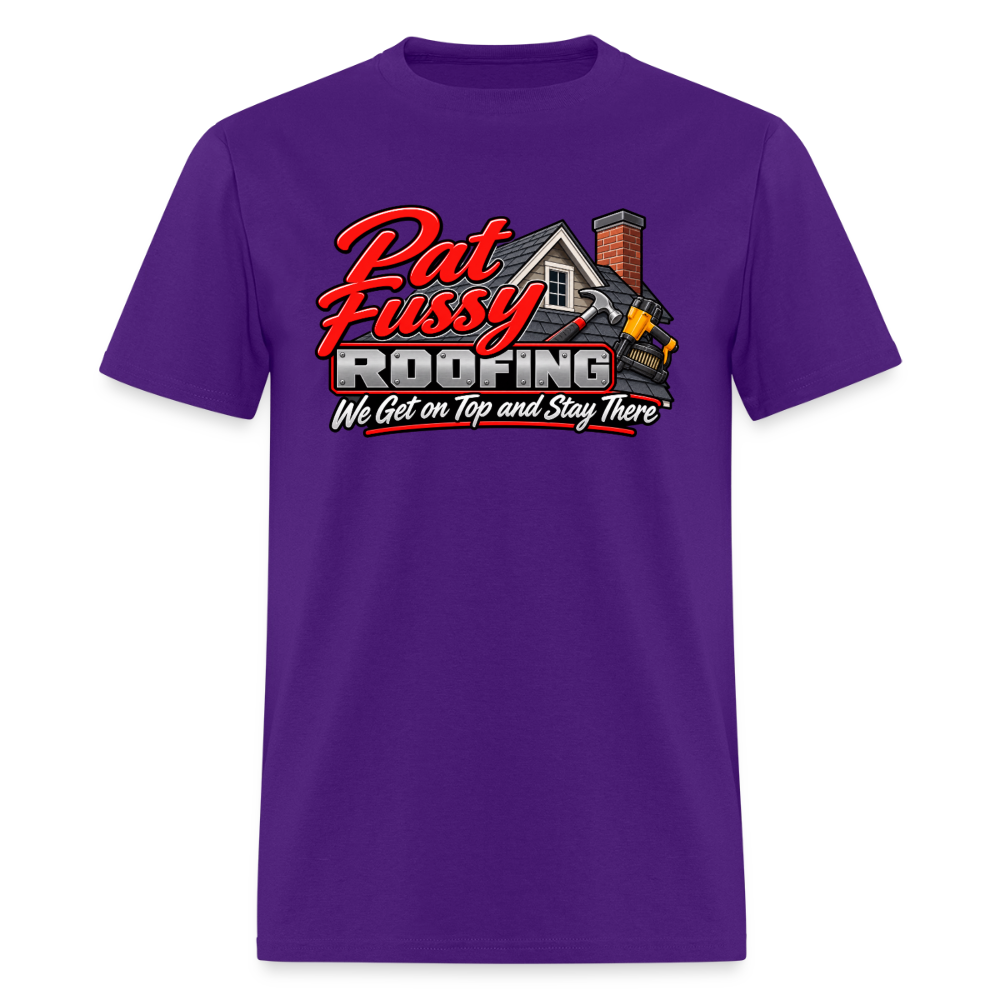 Pat Fussy Roofing Funny Adult T-Shirt Color: Purple