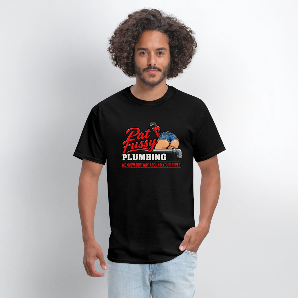 Pat Fussy Plumbing Funny Adult T-Shirt Color: Navy