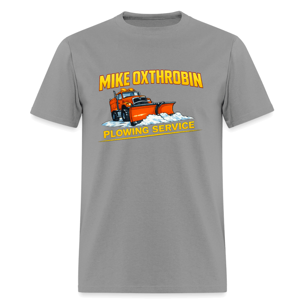 Mike Oxthrobin Plowing Service Funny Fake Business T-Shirt Color: Rock