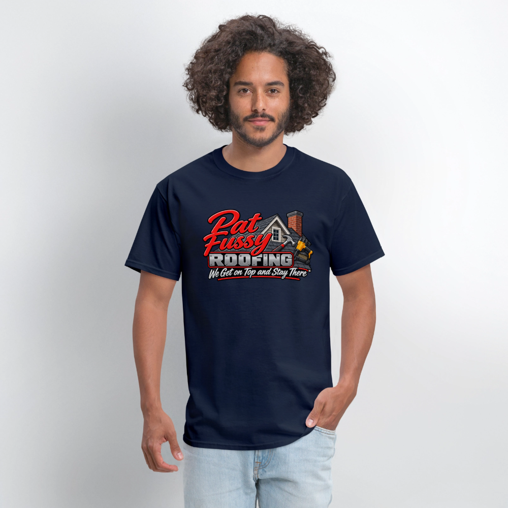 Pat Fussy Roofing Funny Adult T-Shirt Color: Black