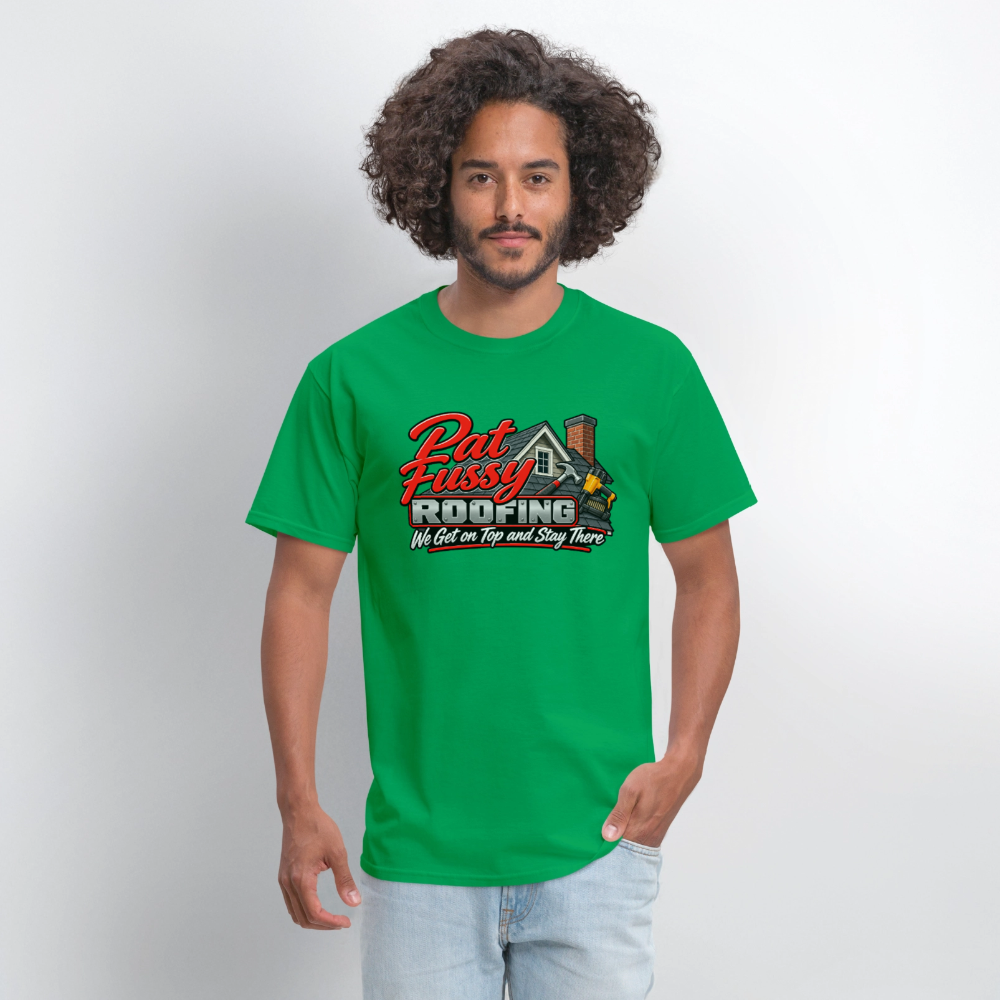 Pat Fussy Roofing Funny Adult T-Shirt Color: Black