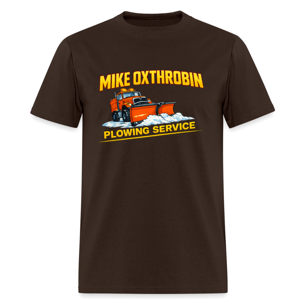 Mike Oxthrobin Plowing Service Funny Fake Business T-Shirt Color: Brown