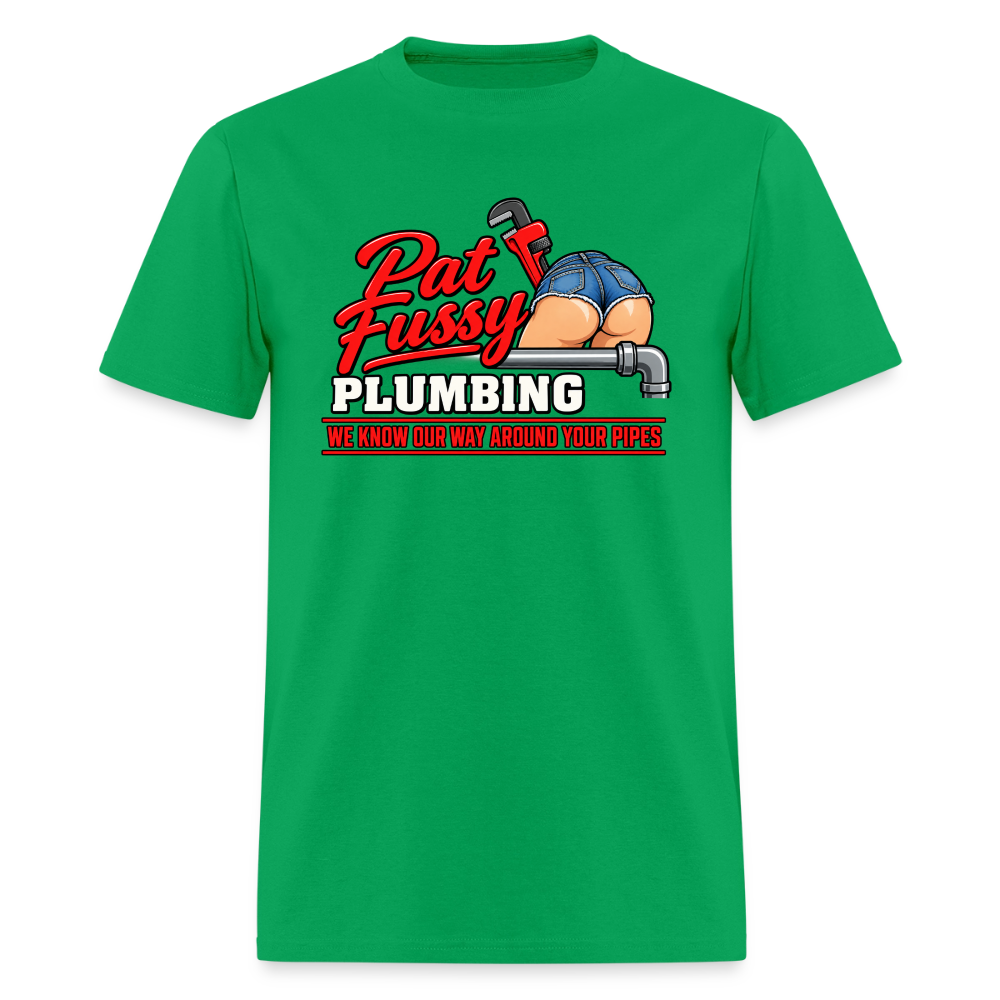 Pat Fussy Plumbing Funny Adult T-Shirt Color: Bright Green