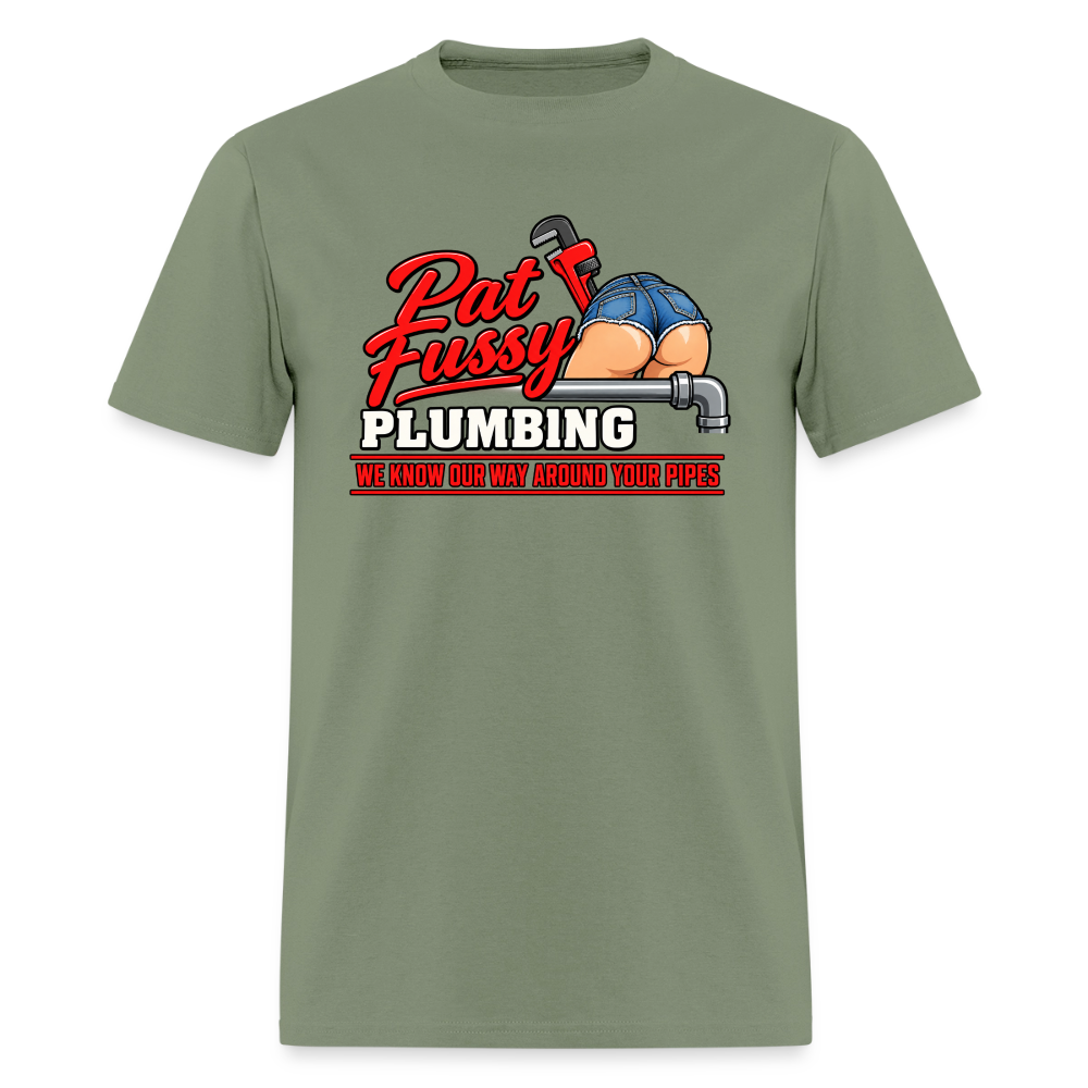 Pat Fussy Plumbing Funny Adult T-Shirt Color: Military Green