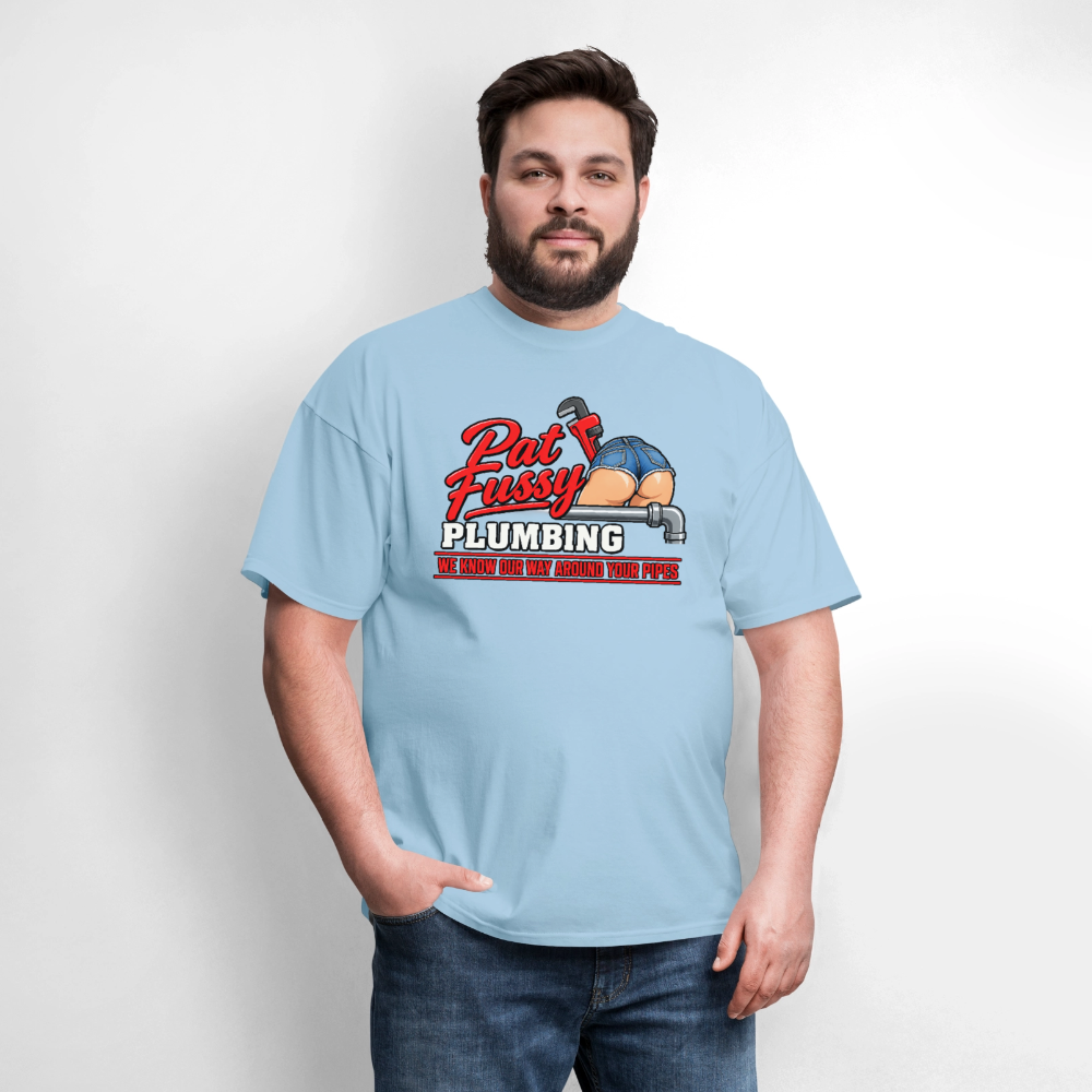 Pat Fussy Plumbing Funny Adult T-Shirt Color: Navy