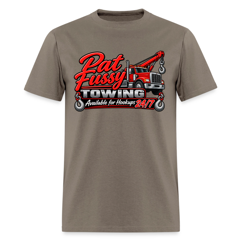 Pat Fussy Towing Funny Adult T-Shirt Color: Safari