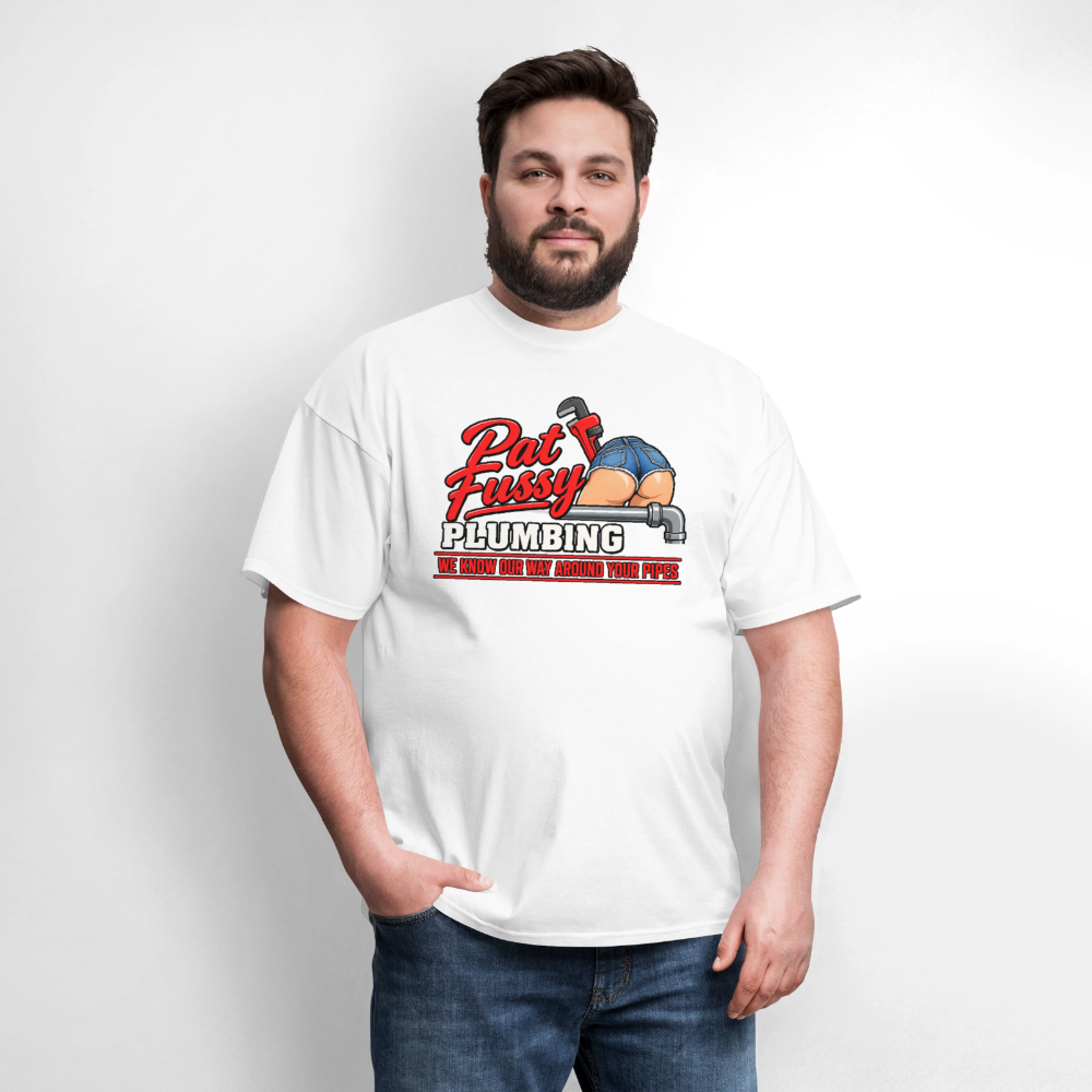 Pat Fussy Plumbing Funny Adult T-Shirt Color: Navy