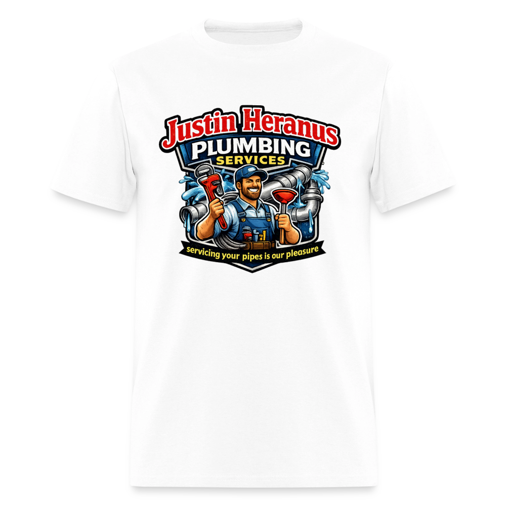 Justin Heranus Plumbing Funny T-Shirt - white