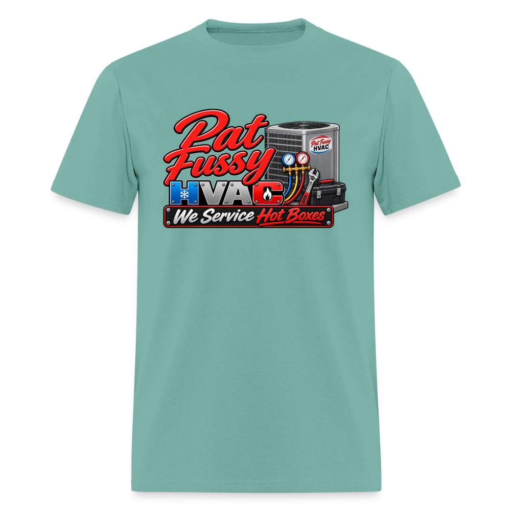 Pat Fussy HVAC We Service Hot Boxes Funny T-Shirt Color: Aquatic