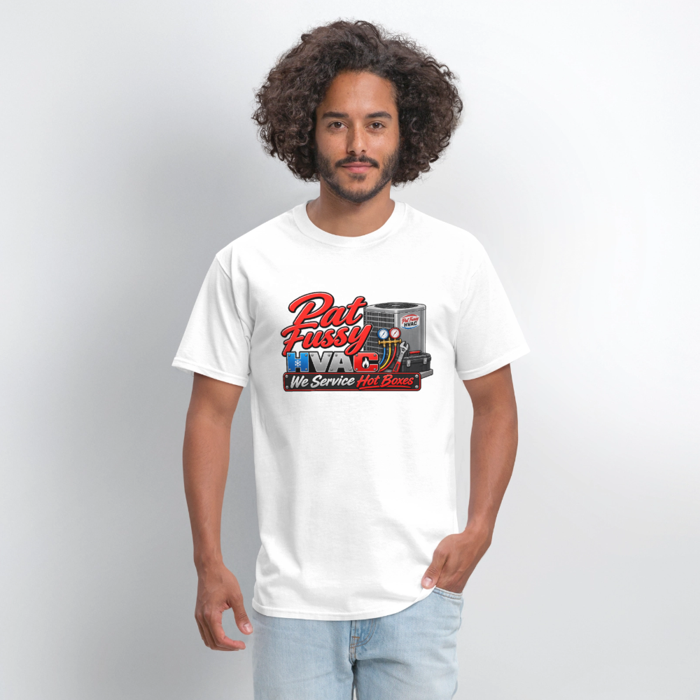 Pat Fussy HVAC We Service Hot Boxes Funny T-Shirt Color: Heather Gray