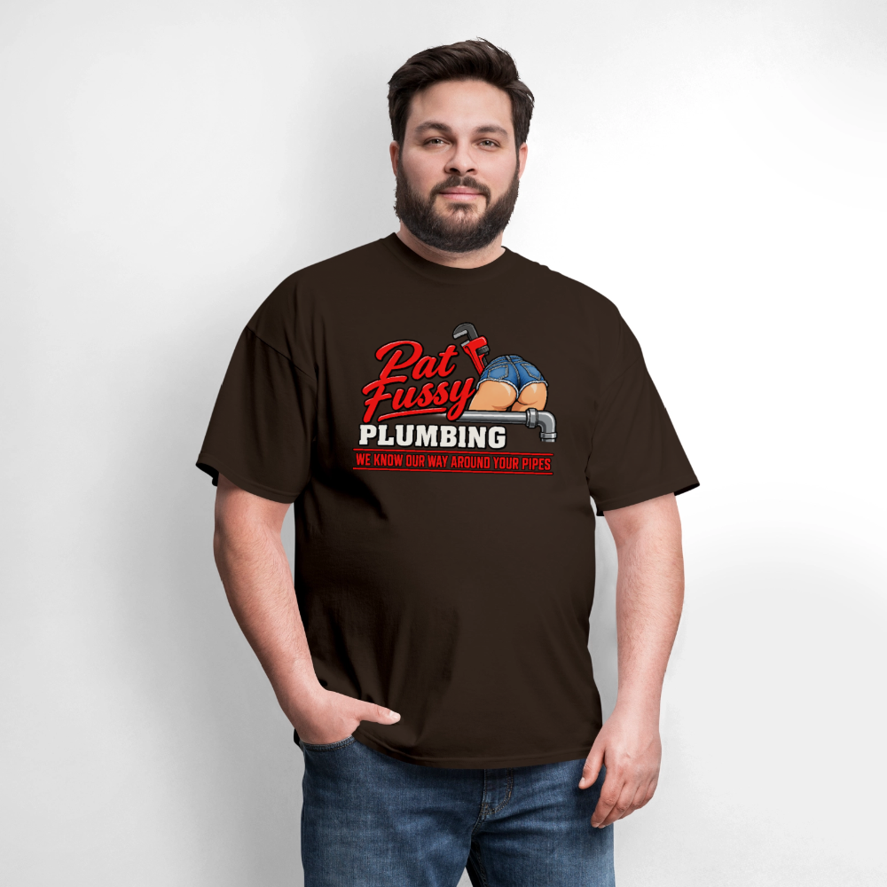 Pat Fussy Plumbing Funny Adult T-Shirt Color: Navy