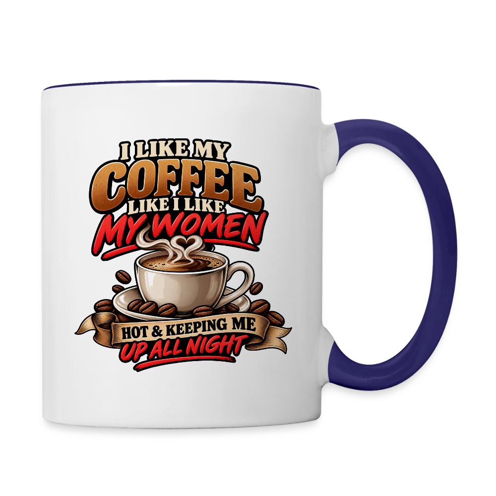 I Like My Coffee Like I Like My Women — Hot and Keeping Me Up All Night Coffee Mug Color: White/Cobalt Blue