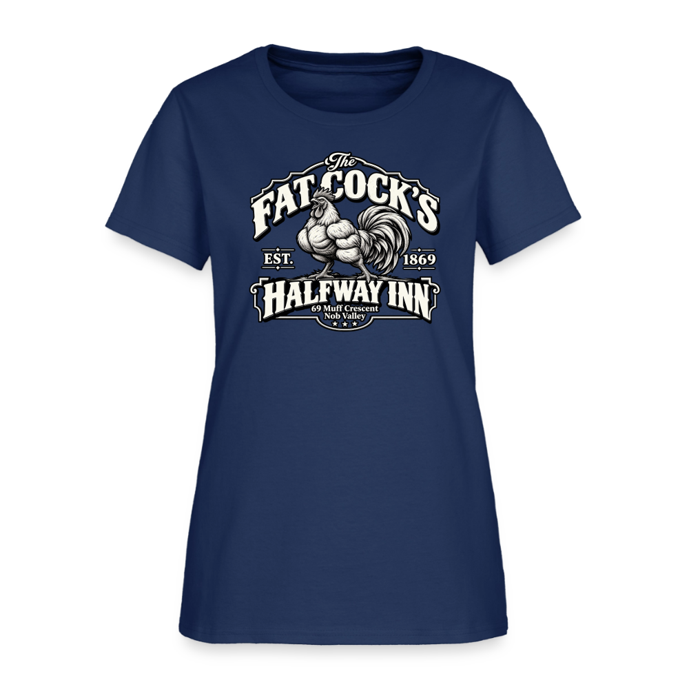 Fat Cock’s Halfway Inn Women’s T-Shirt Color: Blue Dusk