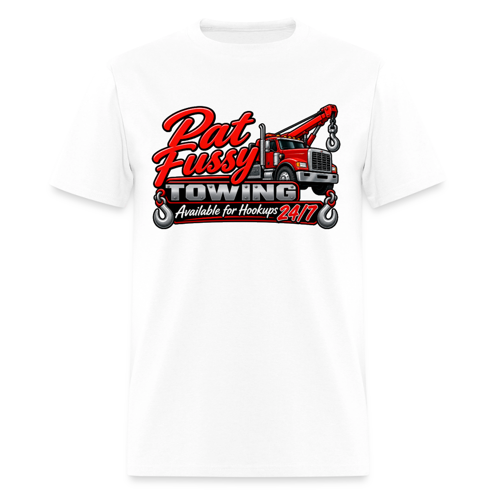 Pat Fussy Towing Funny Adult T-Shirt Color: White