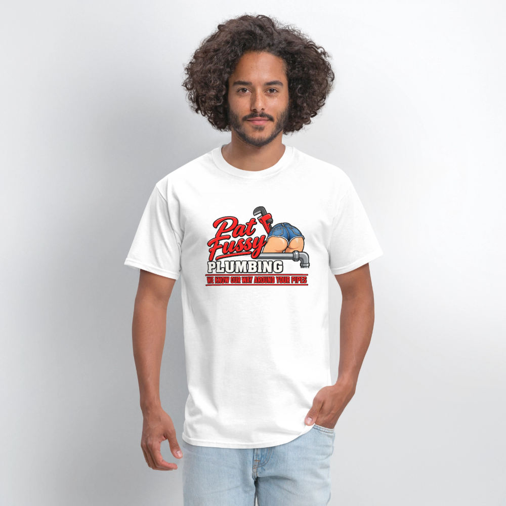 Pat Fussy Plumbing Funny Adult T-Shirt Color: Navy