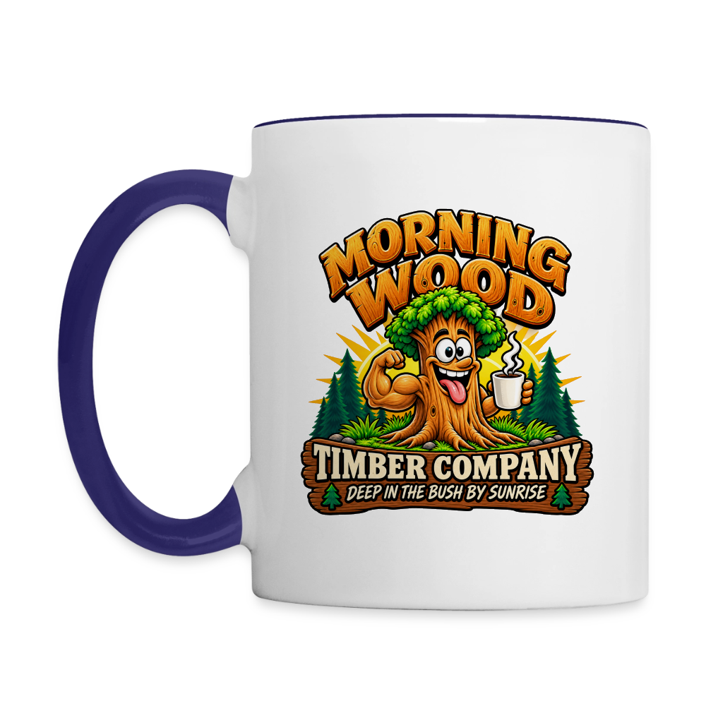 Morning Wood Timber Company – Funny Adult Humor Coffee Mug - white/cobalt blue
