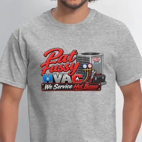Pat Fussy HVAC We Service Hot Boxes Funny T-Shirt Color: Heather Gray