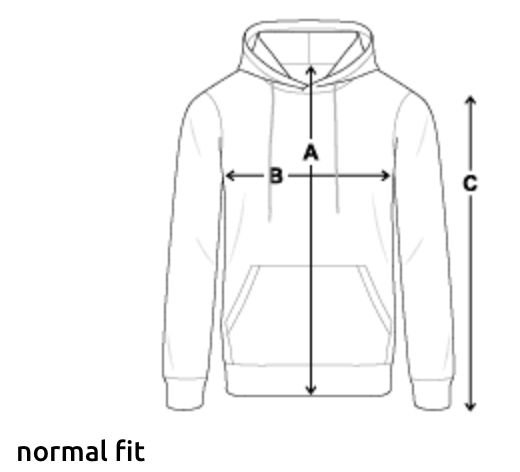 Hoodie measurement diagram: A body length, B chest width, C sleeve length.